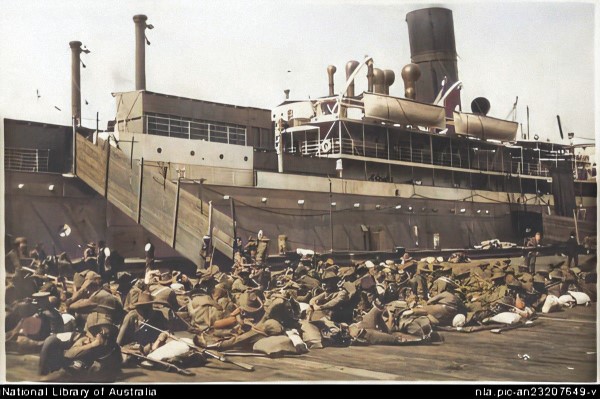 At Port Melbourne where the troops and their gear rest alongside the Star of Victoria, Feb. 1915.